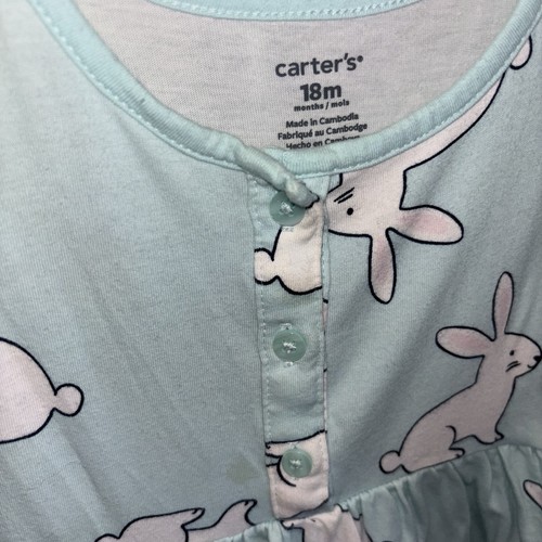 Carters Infant 18m Girls Aqua Blue Bunny Rabbit Short Sleeve Cotton Dress Easter - Picture 3 of 3