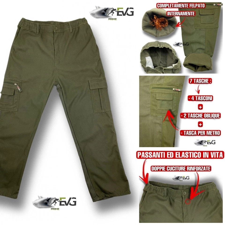 PANTALONE LAVORO UOMO MULTITASCHE INVERNALE FELPATO CASA SPORT PESCA CACCIA EVG - Immagine 3 di 4