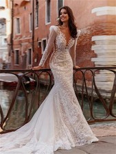 Mermaid Wedding Dresses Deep V-Neck Lace Applique Vestido De Long Bridal Gowns