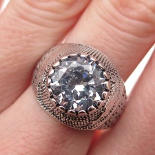925 Sterling Silver Vintage Round-Cut C Z Modernist Oxidized Ring Size 9.5