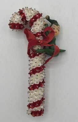 Vintage MCM Elf Sequined Push Pin Candy Cane Christmas Retro Kitschy