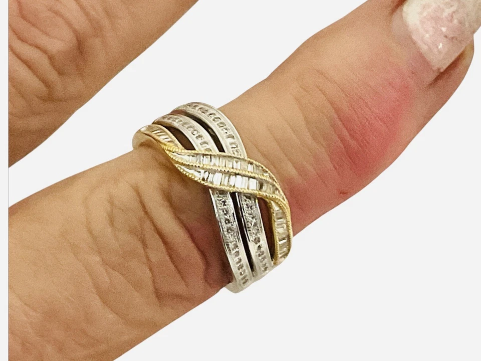 Anillo remolino aniversario boda oro blanco/amarillo 14k vintage diamantes talla 7 Foto 3 de 4