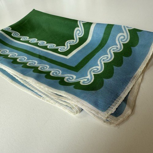 Vintage Green Blue Wave Border Oblong Scarf 41” Maximalist Mod Print No Tag - Picture 8 of 10