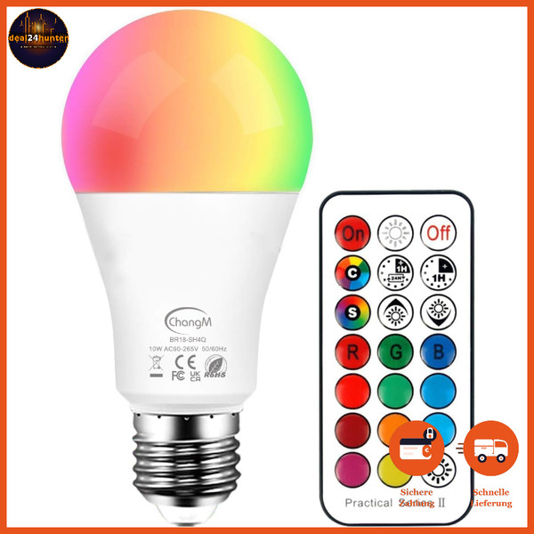LED Lampe Rgbw 10W E27 Dimmbar Farbwechsel Mit Fernbedienung 12 Farben Warmweiß-image