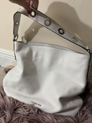 Michael Kors White Pebbled Medium Shoulder Bag Silver Hardware Zip