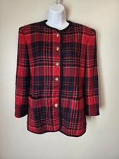 Vintage Liz Claiborne Wool Blend Red Plaid Gold Button Classic Blazer Jacket 6