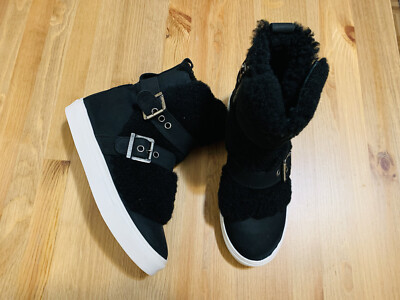 Luxe De Leon Monterrey shearling  nubuck side zip black women s boots NWOB sz 8