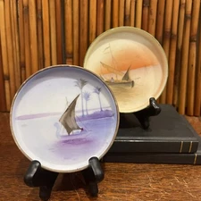 2 Antique Hand Painted Nippon Morimura Porcelain Mini Dish Coaster Matte Finish