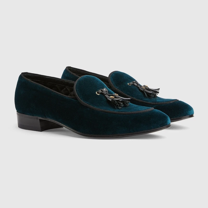 Chaussures mocassins homme Gucci Z3406 velours sarcelle « pompons » pointure 10,5 Gucci