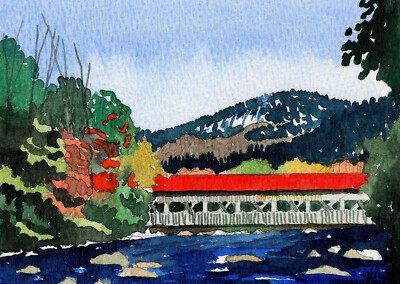 West Dummerston Covered Bridge, Vermont. Autumn landscape. Watercolor notecards