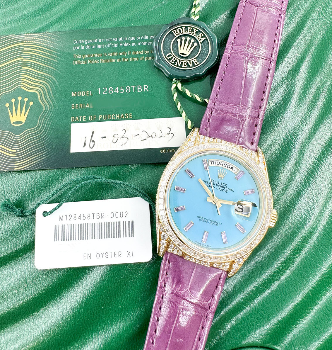 Rolex Day-Date 128458TBR 18k Yellow Gold Diamond Purple Strap