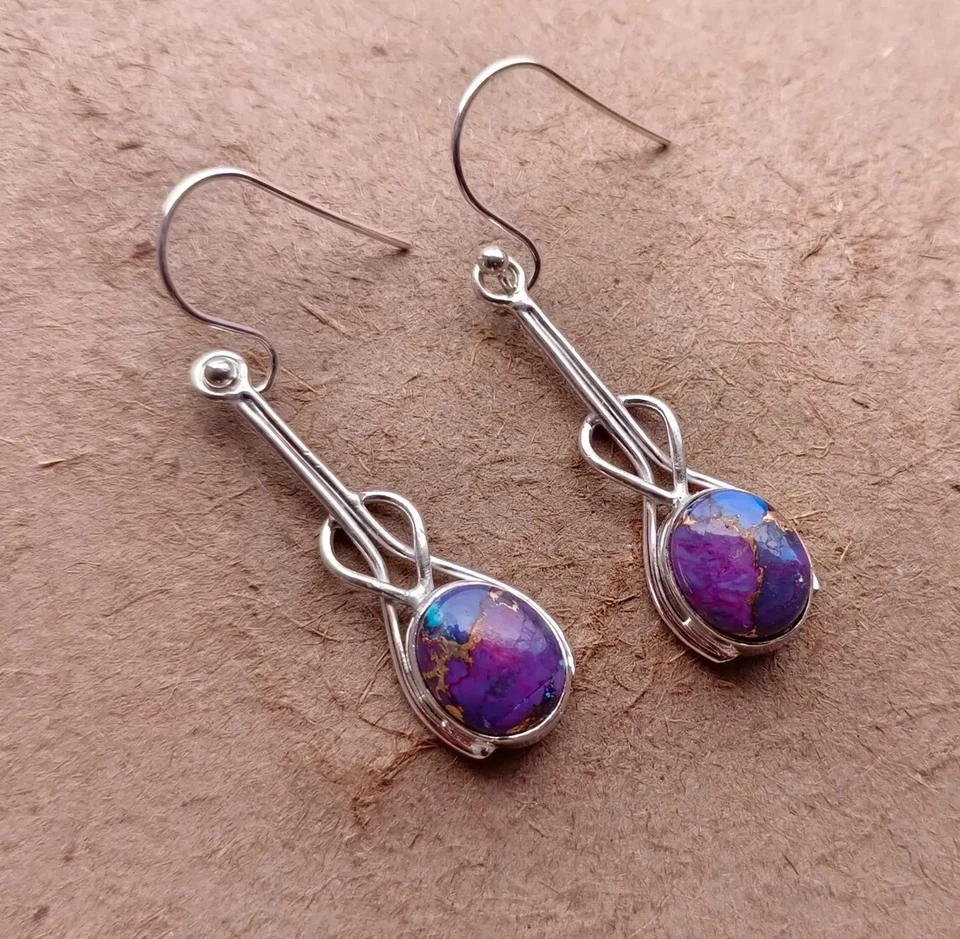 Purple Copper Turquoise Earrings 925 Sterling Silver Handcrafted Jewelry Earring - Image 3 of 3