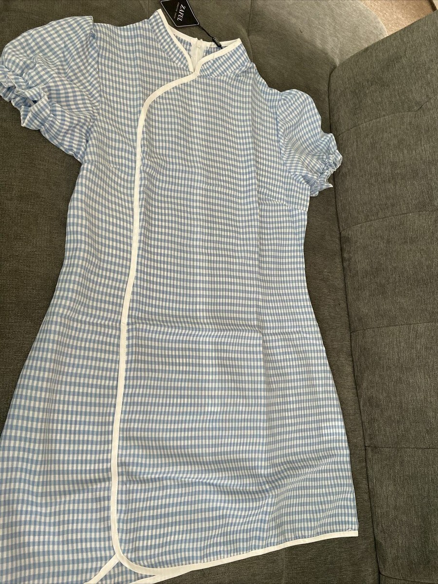 Zaful Baby Blue Small Check Dress Size 14 UK