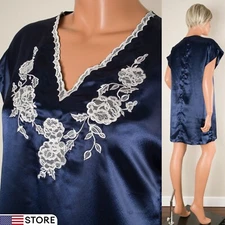 💖 VTG VAL MODE Navy Blue Babydoll M Nightie Nightgown Satin Shiny Applique