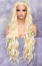 Human Hair Blend HEAT OK Pale Blonde Lace Front Wig Wavy long 37" JSTA 613