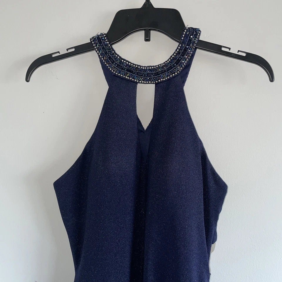 Vestido de novia largo con cuello halter azul oscuro para mujer vestido formal con cuentas talla XS Foto 2 de 4