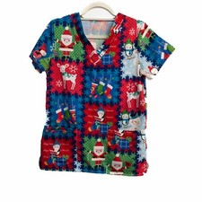 Christmas Scrub Top Womens Multicolor T-Shirt Short Sleeve Pure Polyester Size L