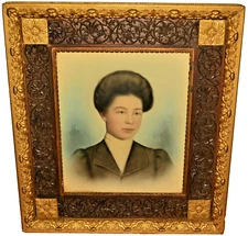 Antique Original Figurative 19thC Portrait Painting & Gilded Floral Carved Frame