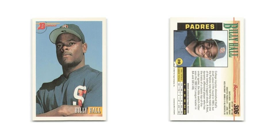 Billy Hall Rookie 1993 Bowman #306 San Diego Padres Baseball Card NM - Image 3 of 3