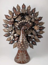 High Quality Mexican Folk Art Clay Tree of Life Peacock Candleholder. Hand made.
