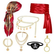 Pirate Costume Accessories Set Women Black Bandana Sash Men Large Red