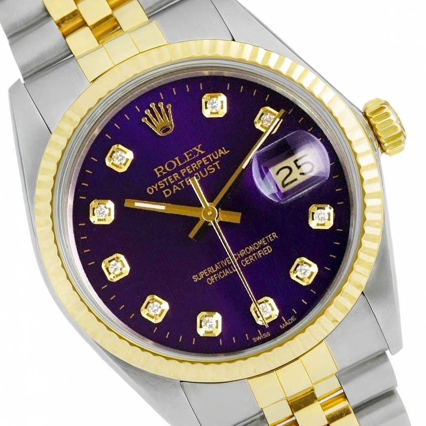 Rolex Mens Datejust Gold Steel 36mm Watch Purple Dial Fluted