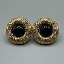 LARGE VINTAGE SIGNED CHRISTIAN DIOR ROUND ONYX BUTTON GOLD TONE CLIP ON EARRINGS