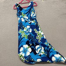 Vtg Hawaiian Dress Womens 10 Blue Floral Barkcloth Retro Tropical Polynesian