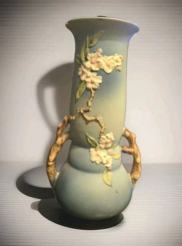 Vintage Roseville Pottery Vase Apple Blossom Blue Double Handled Blue Floral
