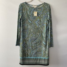 NWT Michael Kors Paisley Long Sleeve Shift Dress Blue Green Size P/L-(EP)