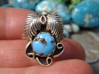 NAVAJO Birdie Desiderin ARIZONA TURQUOISE Sterling Silver SQUASH BLOSSOM Ring s7