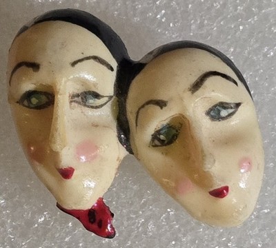 Vintage Artisan Crafted French Mime Cirque du Soleil style Painted Faces Brooch