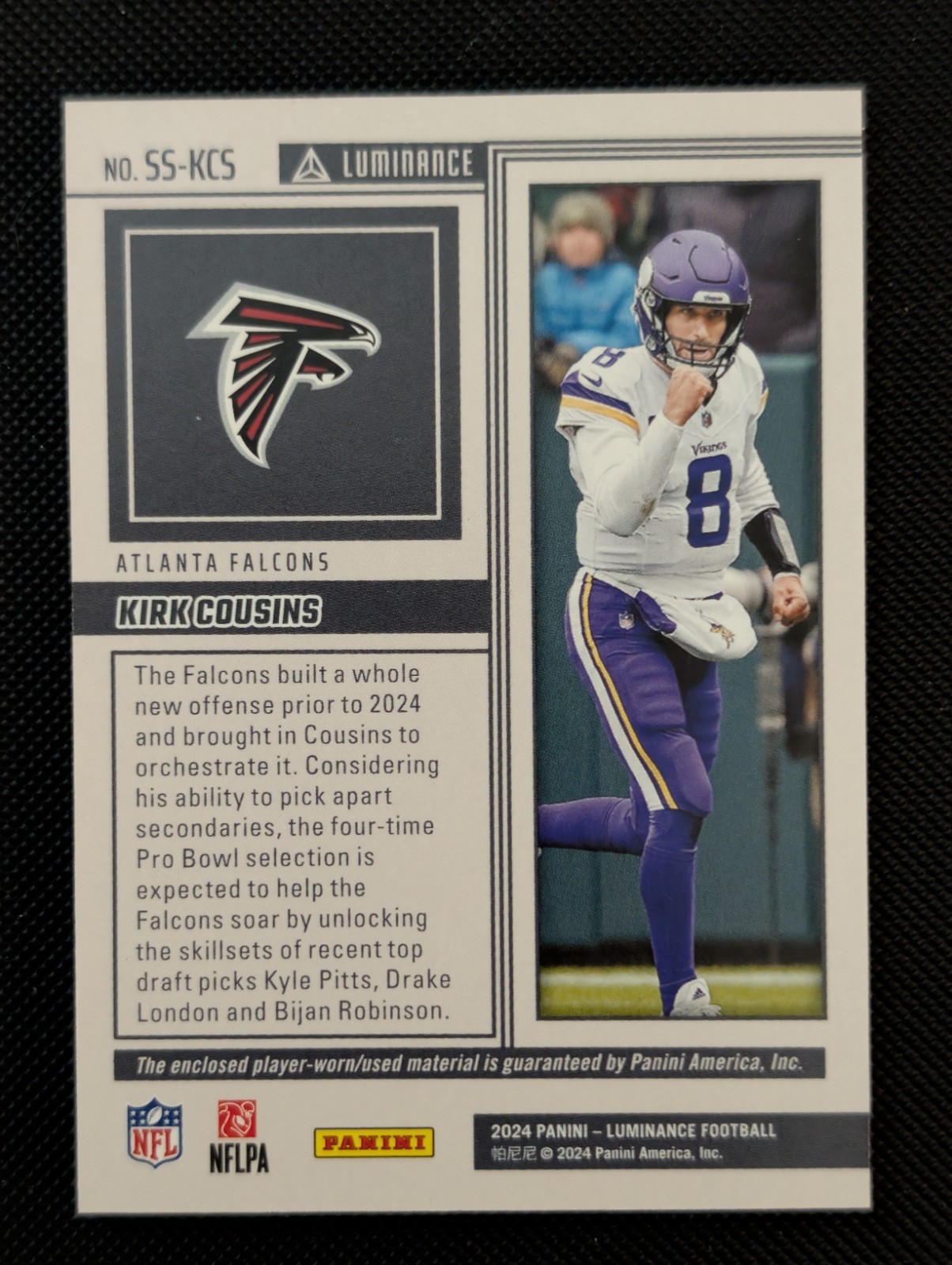 2024 Panini Luminance Kirk Cousins Spirit Swatches Patch Auto 08/50 Atl/Minn view 4