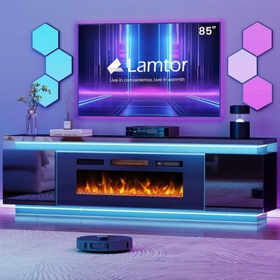 Fireplace TV-Stand with 40'' Fireplace - 2 LED Light TV-Stand for 85 inch TVs - E