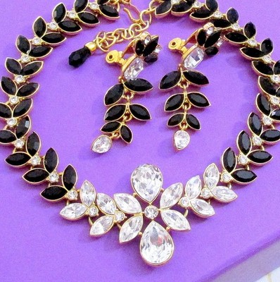 VTG Runway Deco MONET w Black/Ice Swarovski Crystal Rhinestone Necklace Earrings