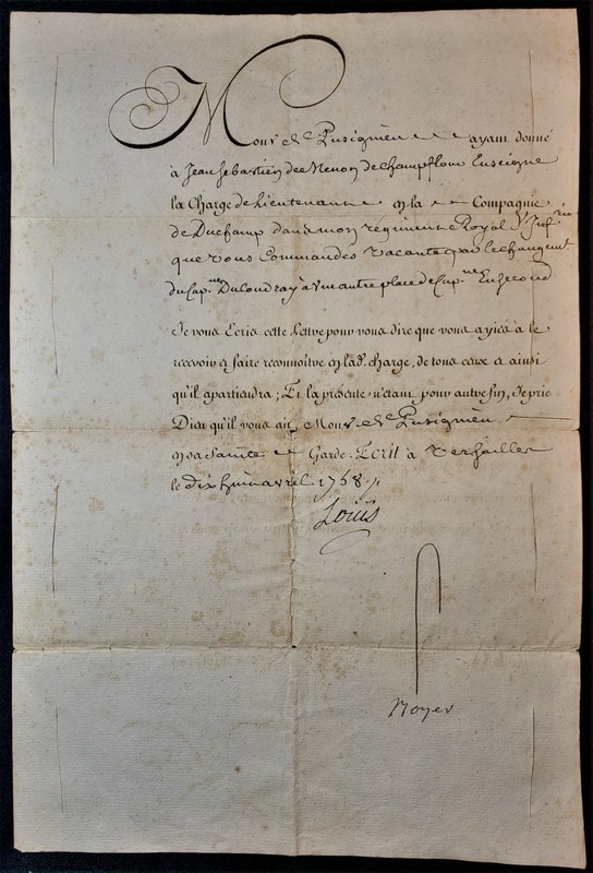 1758 - King Louis XV Signed Appointment In the company of Duchamp Royal Infantry