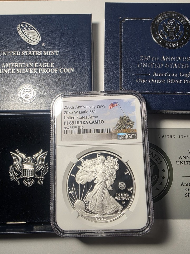 2025 W Silver Eagle Army 250th anniversary privy NGC PF69 with COA and ...