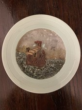 Woods Ware Beryl Green Hand Painted Vintage Plate with Ship Motif Circa 1940