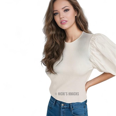 En Saison Maxime Ribbed Knit Cut Out Back Puff Sleeve Sweater Top Off White Sz L
