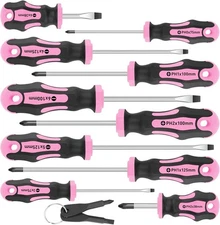10-Piece Magnetic Screwdrivers Set,5 Phillips & 5 Slotted Tips Professional,Pink