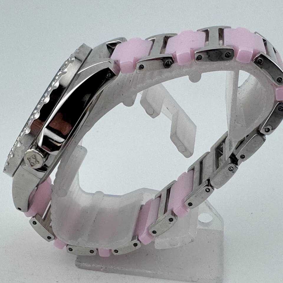 Akribos relógio de quartzo feminino prata rosa cerâmica strass analógico nova bateria - Imagem 4 de 4