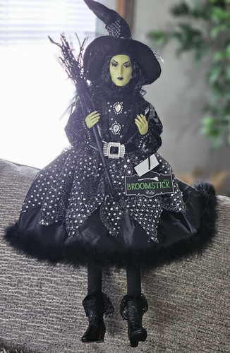 Halloween Witch Broomstick Black Dress Sequins Shelf Sitter Figurine 25” - Picture 3 of 21