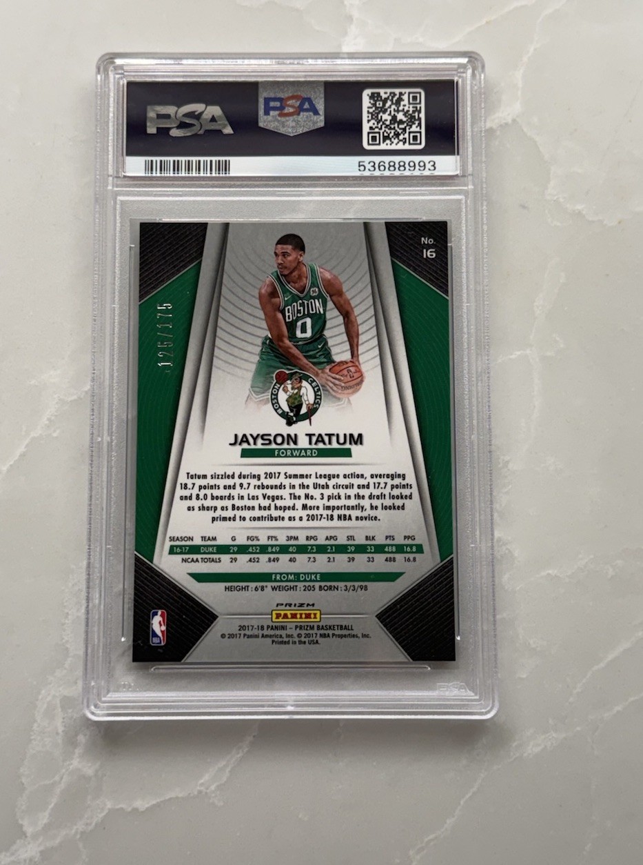2017-18 Panini Prizm Jayson Tatum RC Prizm Fast Break Blue /175 Celtics PSA 9 view 2