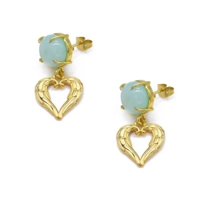 Gold Aqua Angel Wings Heart Handmade Drop Earrings - Image 1 of 3