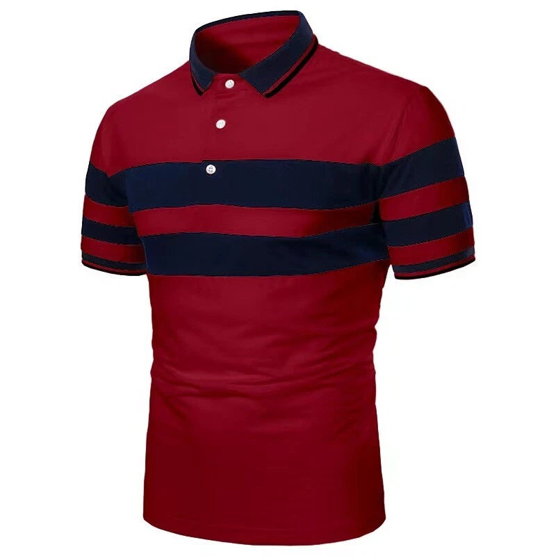Mens Short Sleeve Striped Polo Shirts Casual Sport Golf Badminton Slim Fit Tops