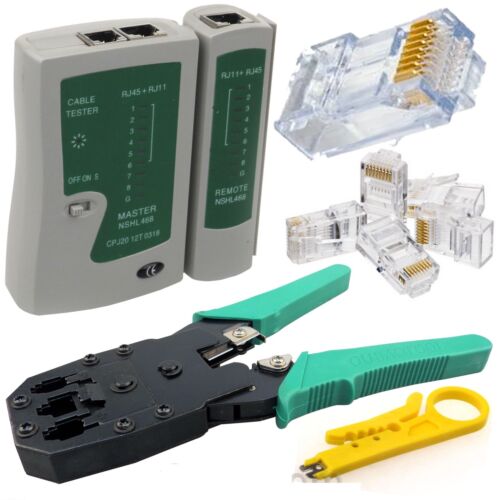 Testeur de câble Ethernet RJ45 découpeuse décapante à sertir + 100 connecteurs pour réseau - Photo 1/12
