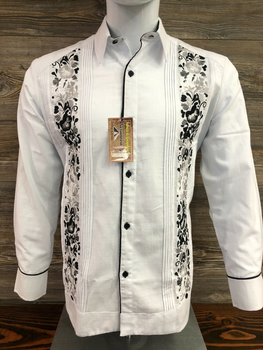 Mens Guayabera White Wedding Dress Shirt Black Flower Double