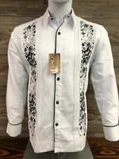 Mens Guayabera White Wedding Dress Shirt Black Flower Double Embroidery ELEGANT