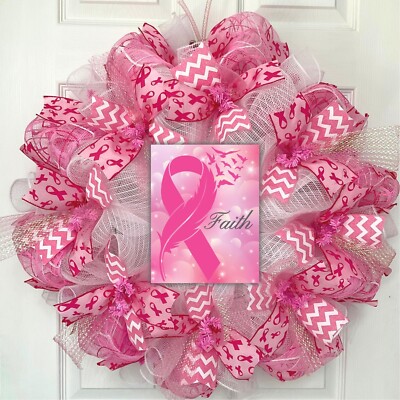 Breast Cancer Awareness Faith Ribbon Wreath Handmade Deco Mesh
