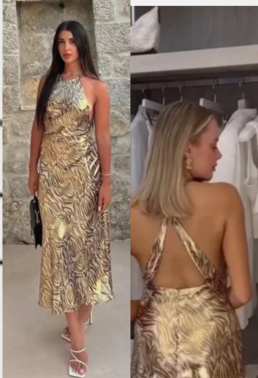 【関税込み】tagliatore ALICYA' DRESS NWT ZARA SS24 FOILANIMALPRINT MIDIHALTEROPENBACK GOLD DRESS